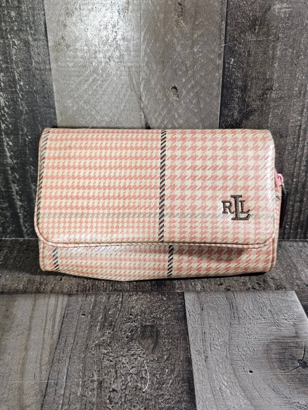 90/Y2K Lauren Ralph Lauren Pink Houndstooth Makeup Bag Clutch Mirror Patent